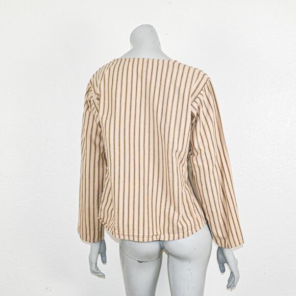 Pietsie Women's Cotton Linen 1/2 button pullover blouse beige striped size M - Picture 4 of 11